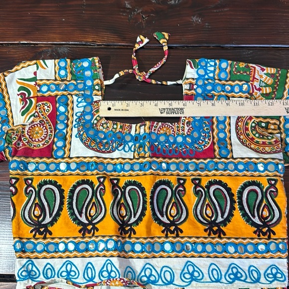 Blue and Yellow Short Sleeve Crop Blouse with Tie Front - Picture 9 of 13